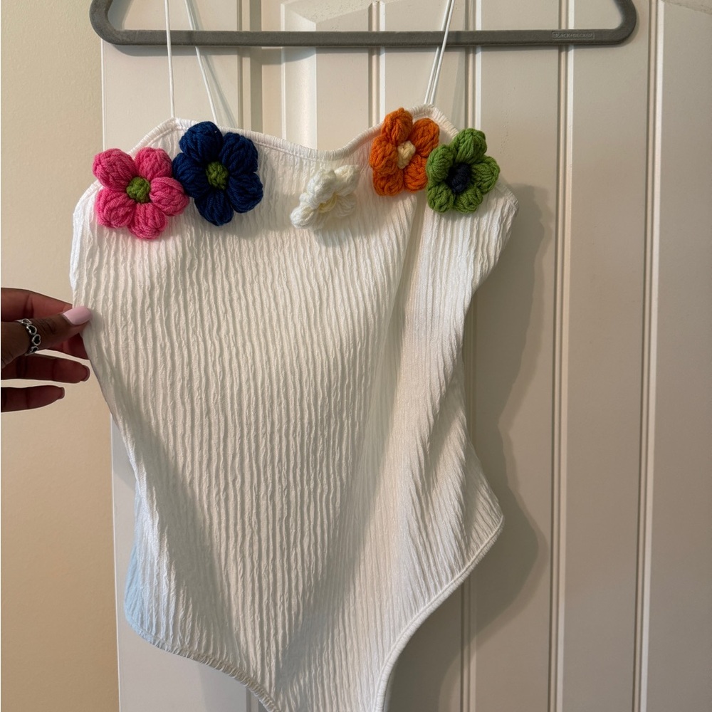 Floral Embellished White Women's Top